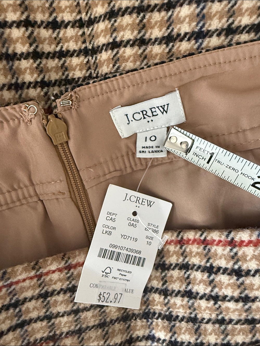 J. Crew Camel, Black & Cream Plaid Wool Skirt size 10